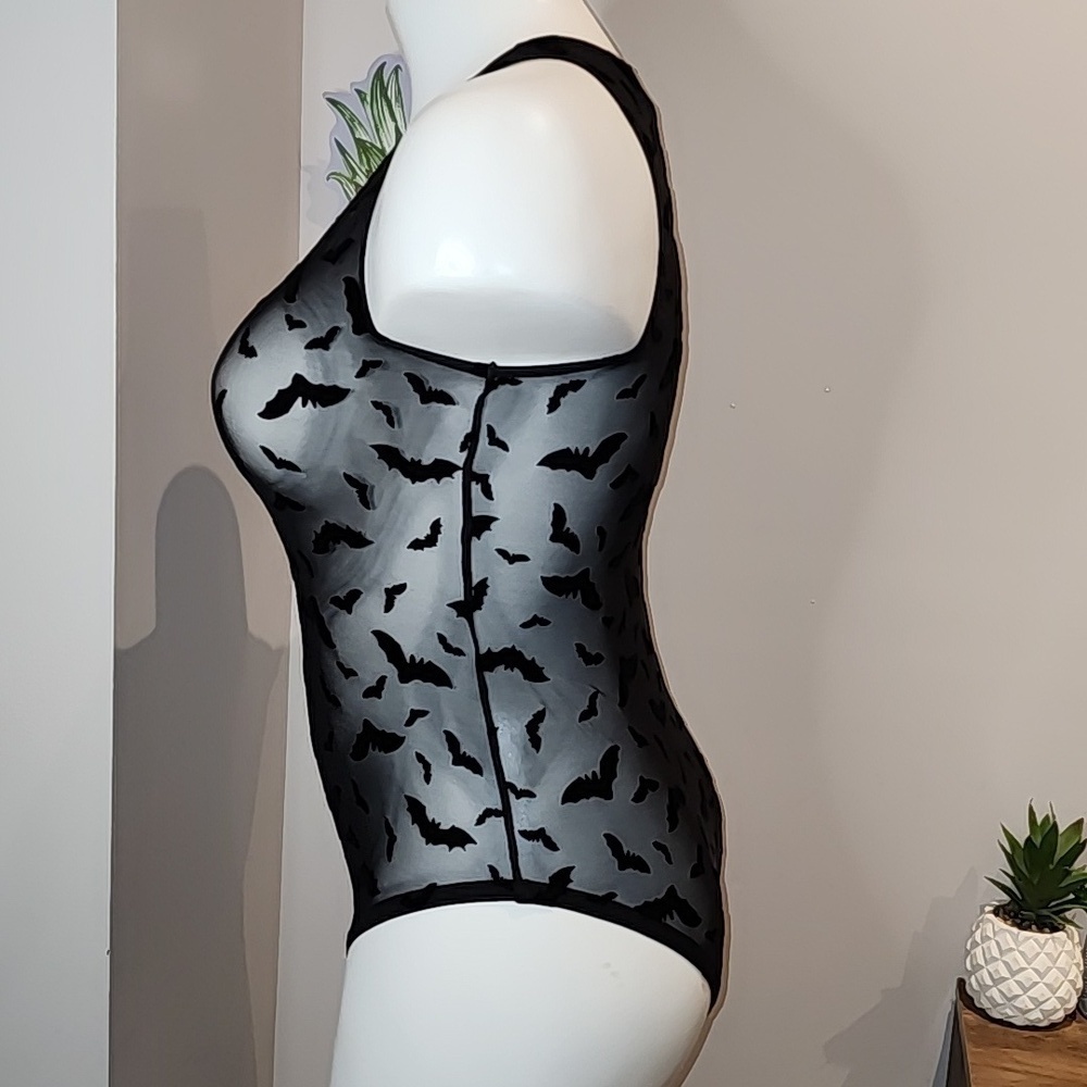 Torrid - Flocked Mesh V-Neck Bodysuit in Black Stormy Bats​​​​​​​​​ - Picture 6 of 16